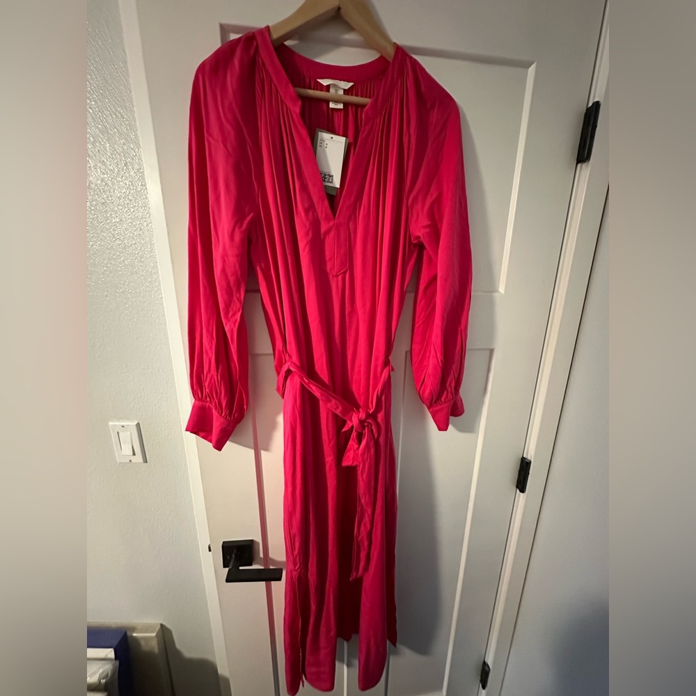 H&M Hot Pink Long-Sleeve V-Neck Tie-Waist Maxi Dress